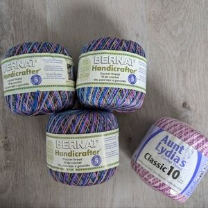 Bundle of 3 Bernat Handicrafter and 1 Aunt lydias crochet thread Purple Blue New